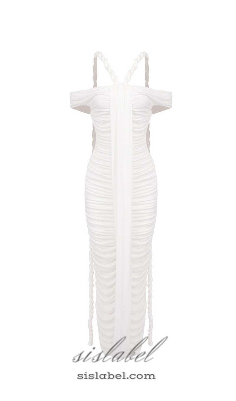 cara white off-shoulder ruched bodycon maxi dress with rope embellished