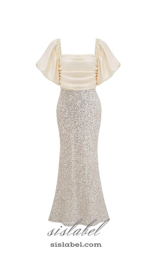 MARIA APRICOT BOW SEQUINS EMBELLISHED MAXI DRESS