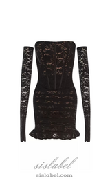 fishbone embellished lace ruffle mini dress in black