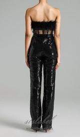 FANNY STRAPLESS FEATHER SEQUIN JUMPSUIT IN BLACK