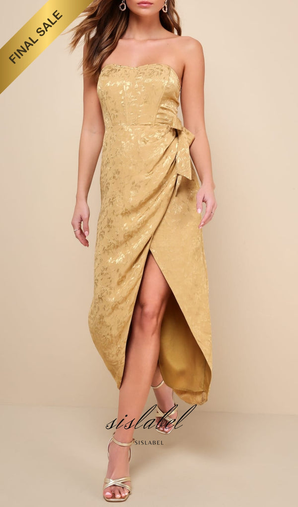 Gold Satin Jacquard Strapless Bustier Midi Dress