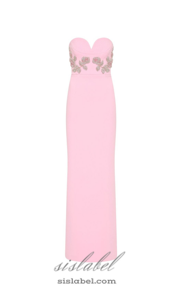 MEROY FLORAL EMBROIDERY STRAPLESS MAXI DRESS IN PINK