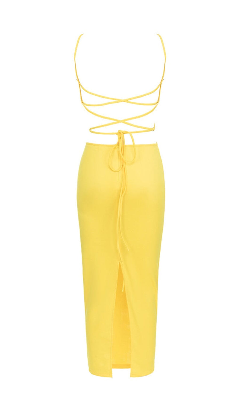 CRISSCROSS HALTERNECK CUTOUT MIDI DRESS IN YELLOW