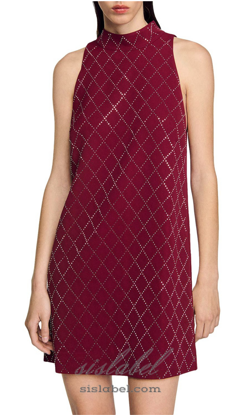 RIVA DIAMOND-SHAPED RHINESTONE PATTERN BORDEAUX MINI DRESS