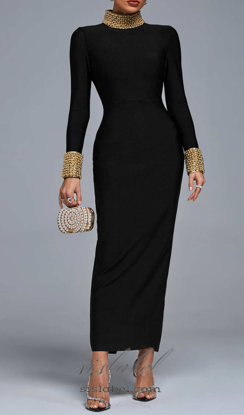 YVONNE LONG SLEEVE GOLD BEAD BANDAGE MIDI DRESS IN BLACK