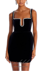 PAULA RHINESTONE TRIM  BLACK STRAP MINI DRESS