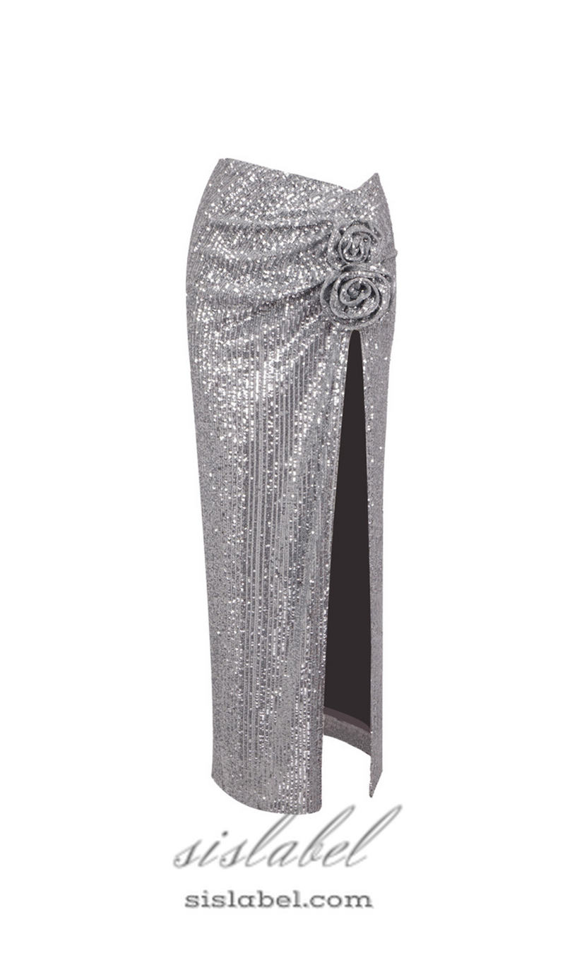 ELVIRA FLORAL-APPLIQUÉ SEQUINED MAXI SKIRT IN SLIVER