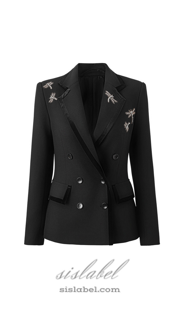 Nail Drill Dragonfly Embroidery Blazer in black