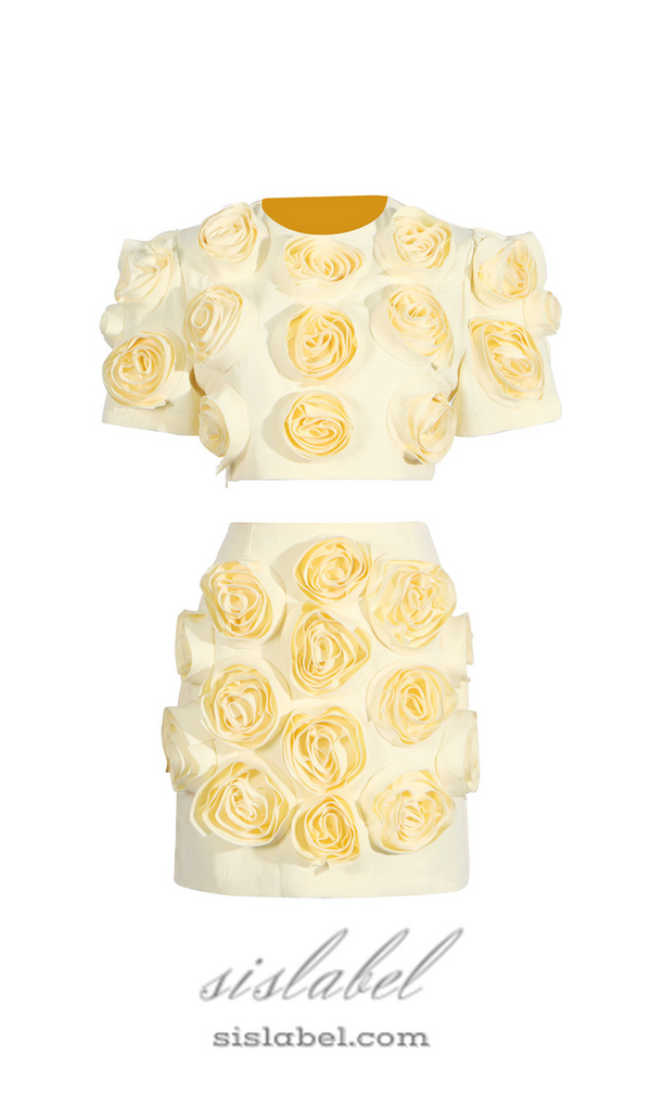 3D FLOWER BUBBLE SLEEVE TOP SKIRT SUIT IN YELLOW