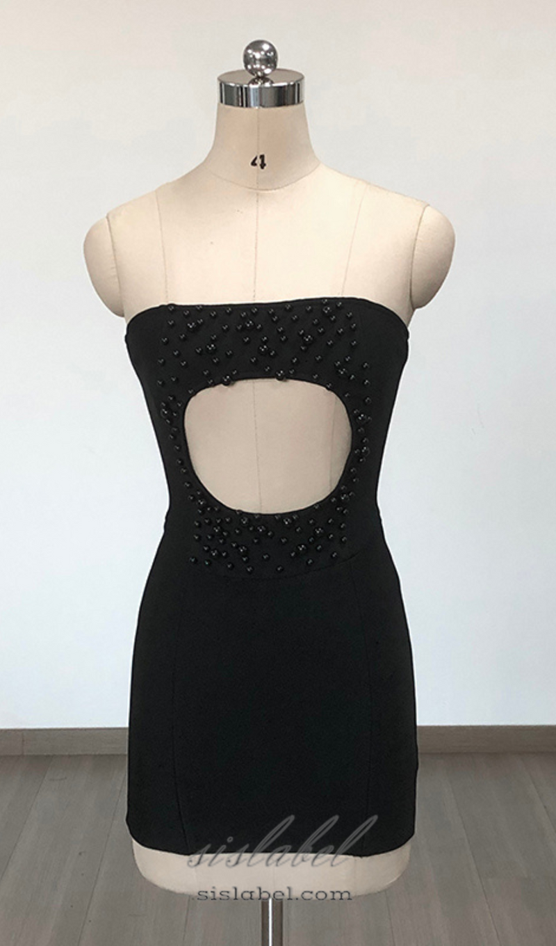 HARRIET BLACK PEARL EMBELLISHED CUT OUT STRAPLESS MINI DRESS