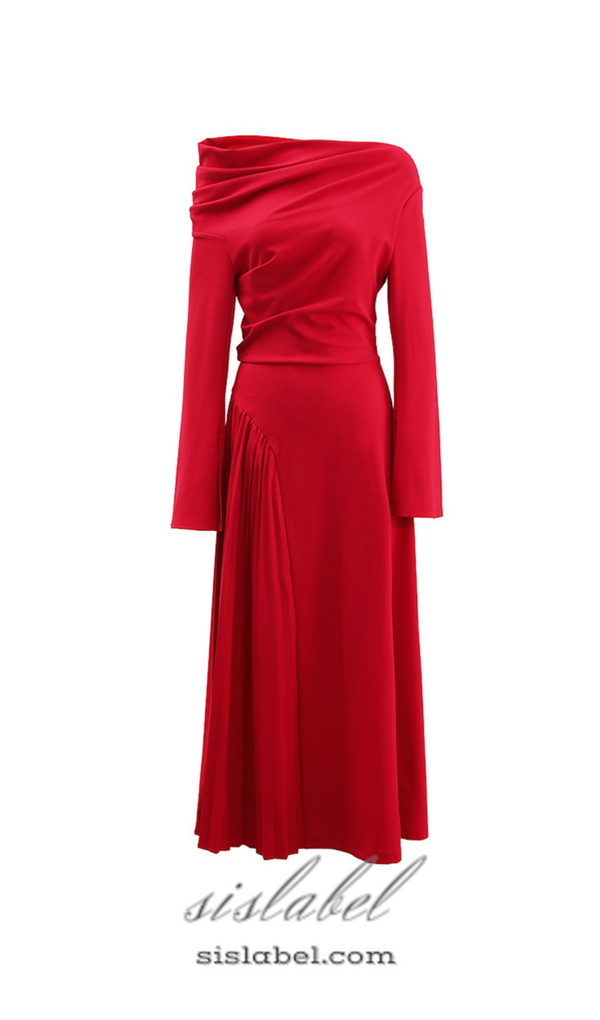 ALBERTA RED ONE SHOULDER SLIT PLEATED MAXI DRESS