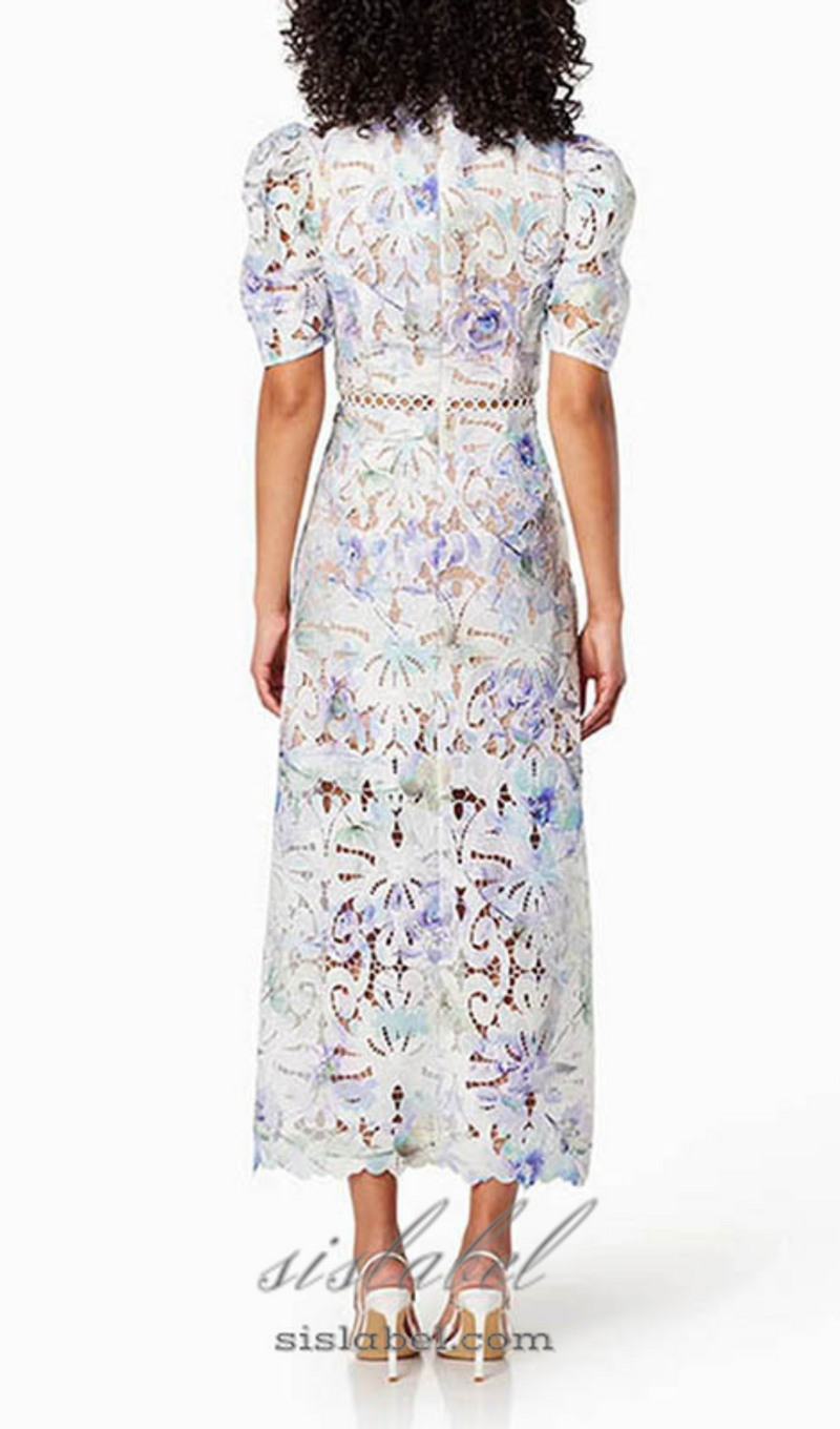 LACE PUFF SLEEVE STAND COLLAR MIDI DRESS IN WHITE