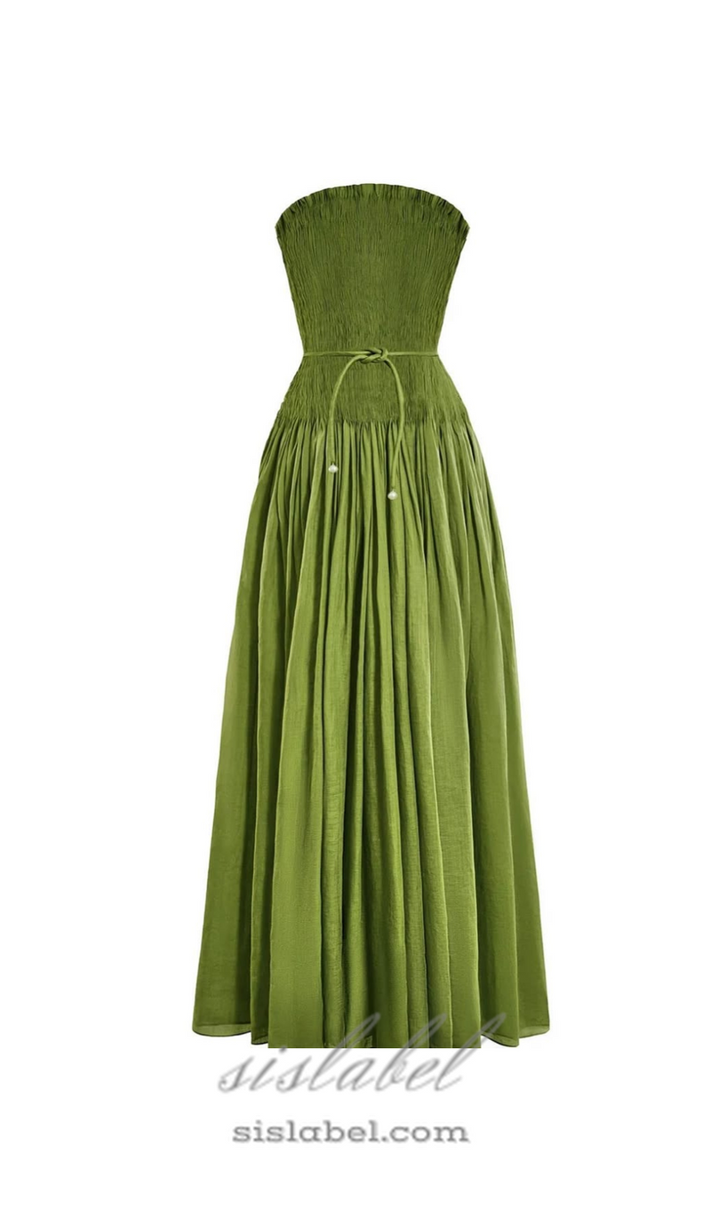 pleated belt chiffon strapless maxi dress in green