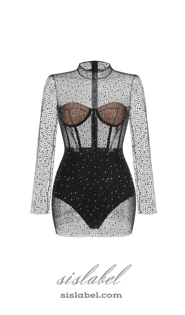 ADELE BLACK  MESH DIAMOND EMBELLISHMENT MINI DRESS