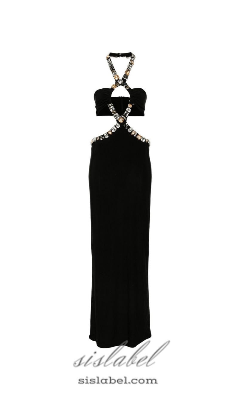 ADELA CRYSTAL EMBELLISHMENT HALTER NECK BLACK MAXI DRESS