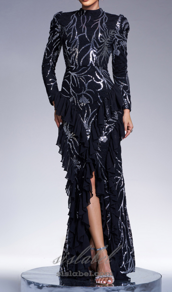 ruffle trim sequin print maxi dress in black