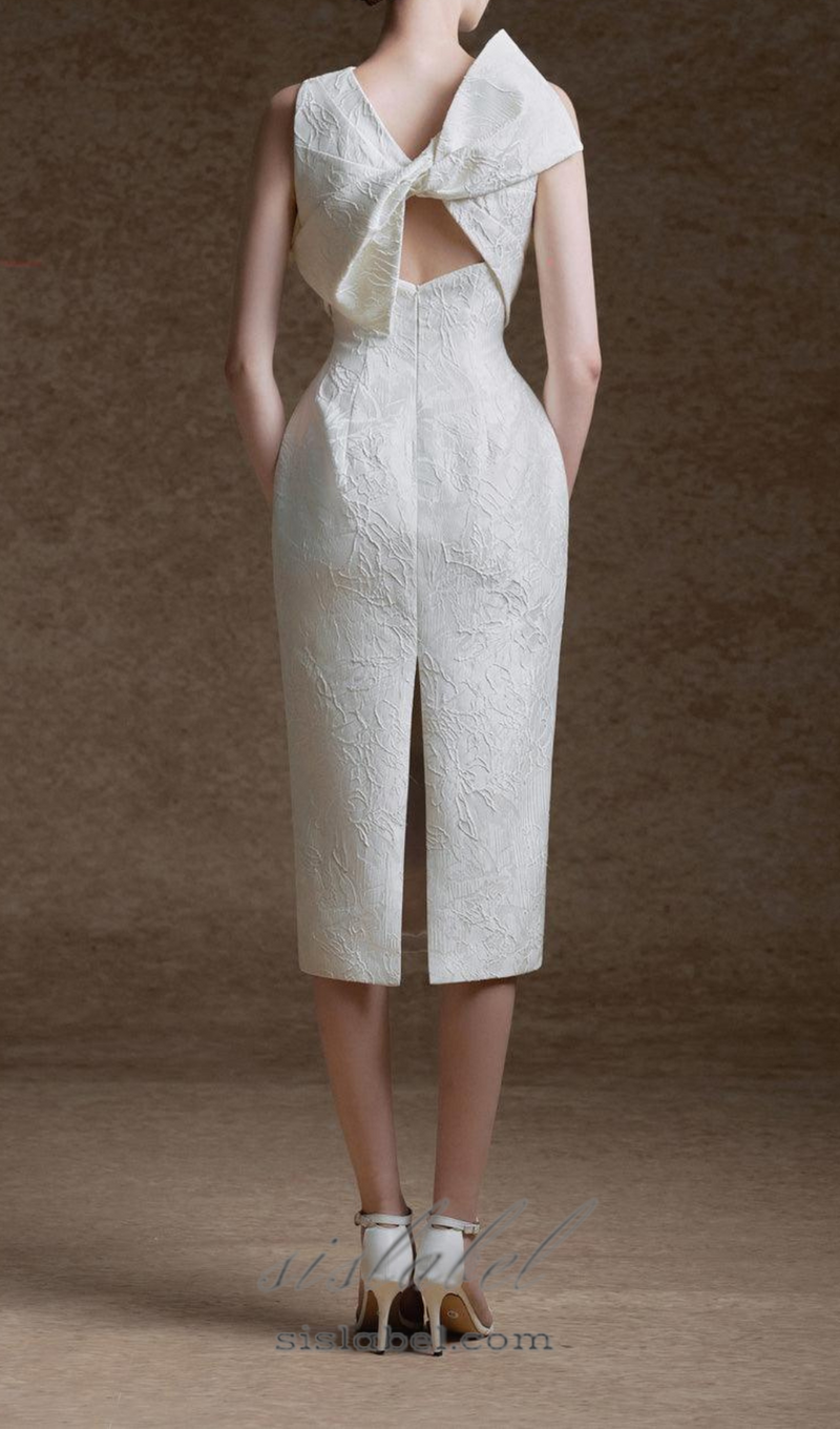 ALEXANDRA PEGGED BACK SLIT BROCADE MIDI DRESS IN WHITE