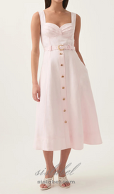 sweetheart neckline belted midi dress in pink