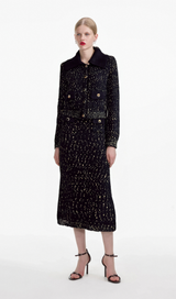 Claudine navy crochet-knit jacket & skirt matching set