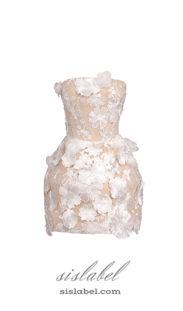 CHLOE FLORAL APPLIQUÉS HAND EMBROIDERY WHITE MINI DRESS