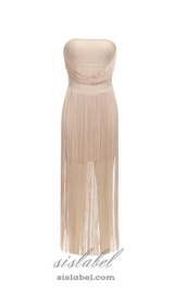 PENELOPE TULLE STRIPED EMBELLISH STRAPLESS APRICOT  MIDI DRESS