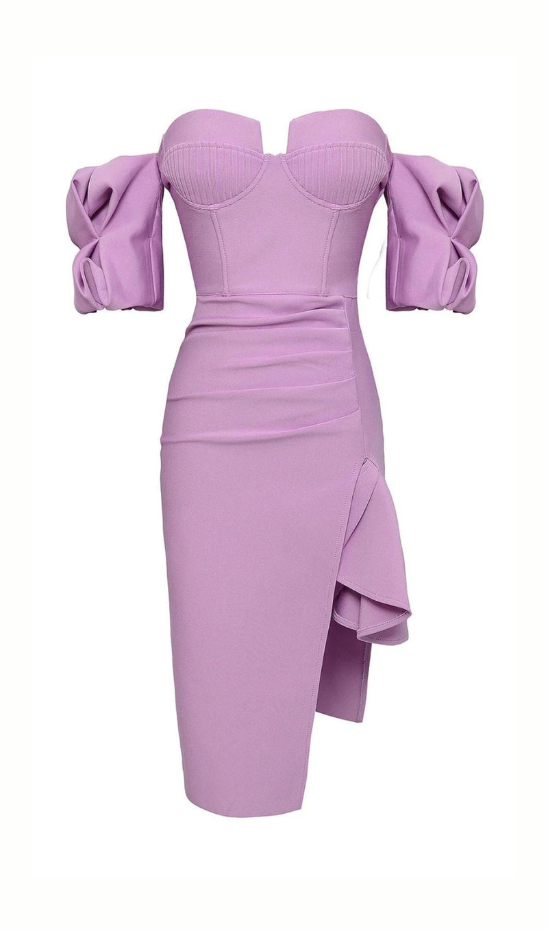 STRAPLESS DRAPED SLEEVE SLITS BANDAGE DRESS IN PURPLE