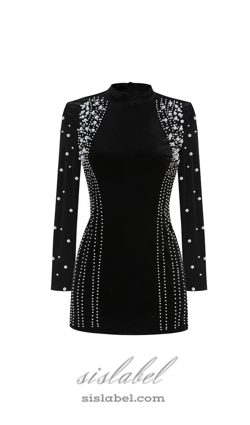 Mock Long Sleeve Pearl Velvet Mini Dress in black