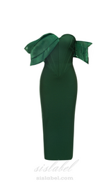 JAMIE GREEN PLEATED SLEEVE TRIM SATIN MAXI DRESS