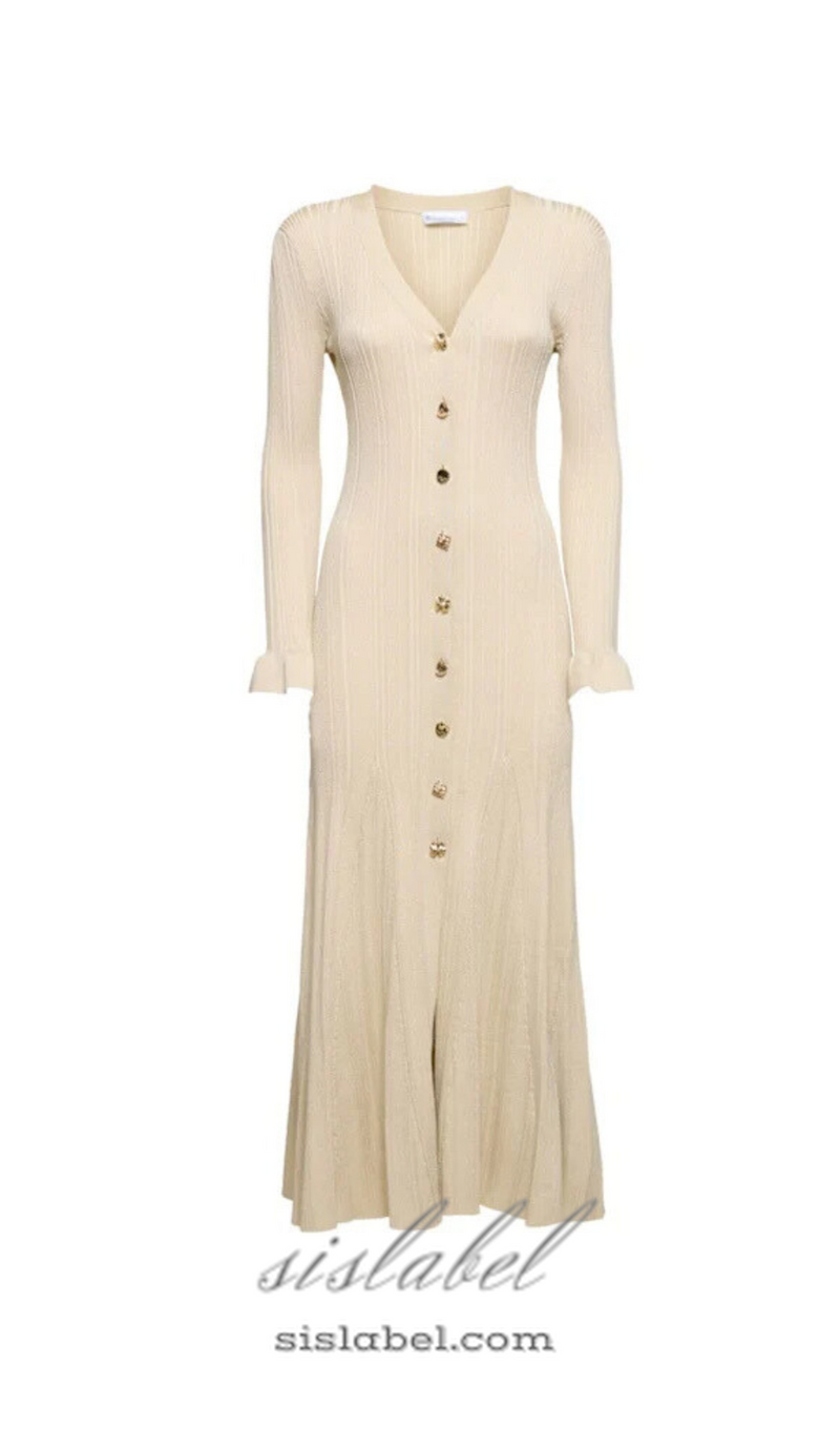 Ribbed viscose lamé midi dress in beige