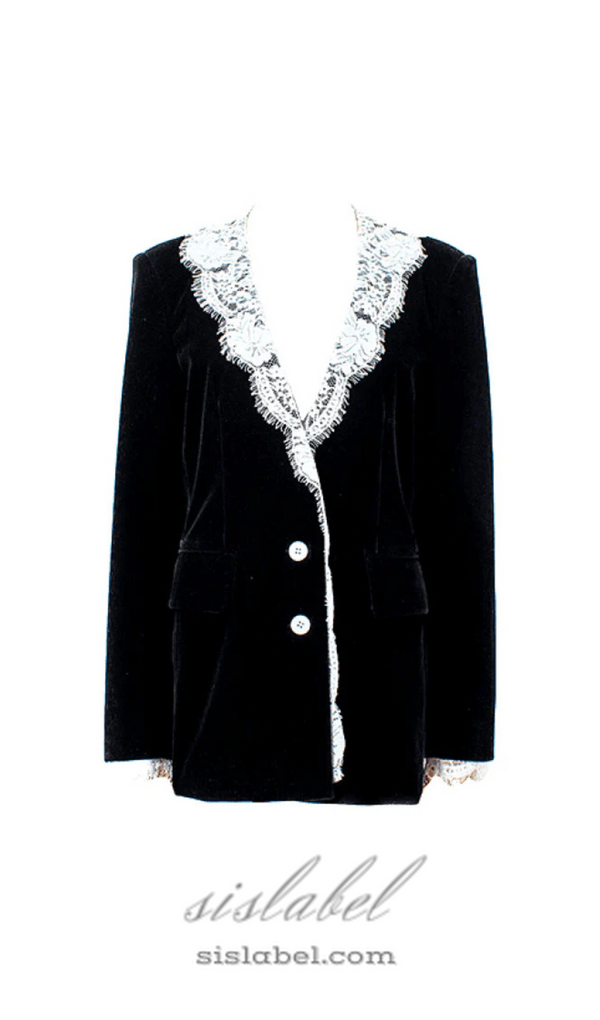 lace-neck velvet blazer in black