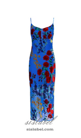 MARGARET FLORAL VELVET STRETCH-WOVEN MIDI DRESS IN KLEIN BLUE