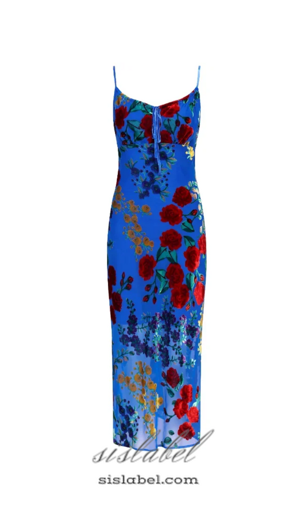 MARGARET FLORAL VELVET STRETCH-WOVEN MIDI DRESS IN KLEIN BLUE