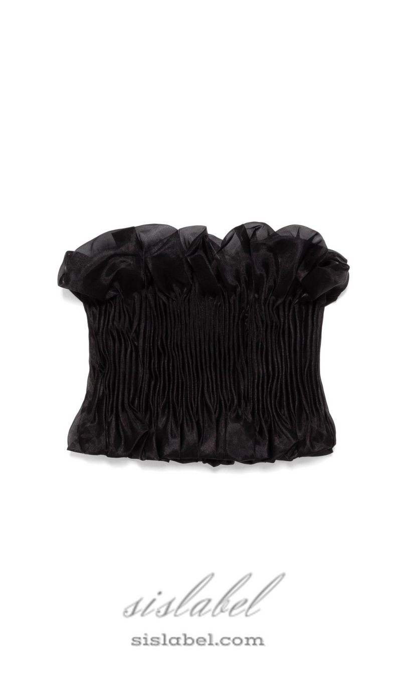 print ruffle trim top in black