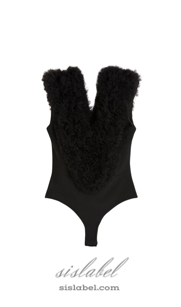 MIRANDA BLACK BANDAGE FIGURE FORM KNIT FLOWER DETAIL BODYSUIT