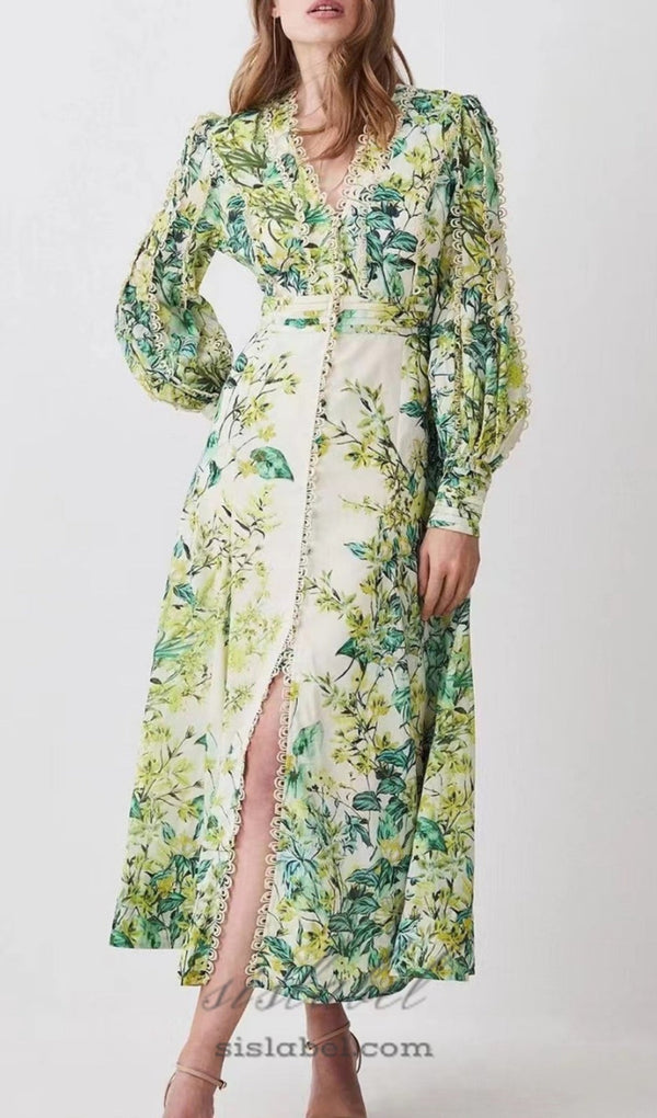 GREEN FLORAL PRINTED MAXI DRESS