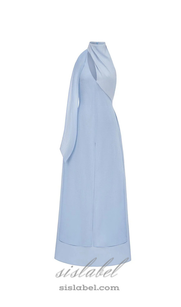 Yen Layered High Neck Floss Silk maxi Dress in blue