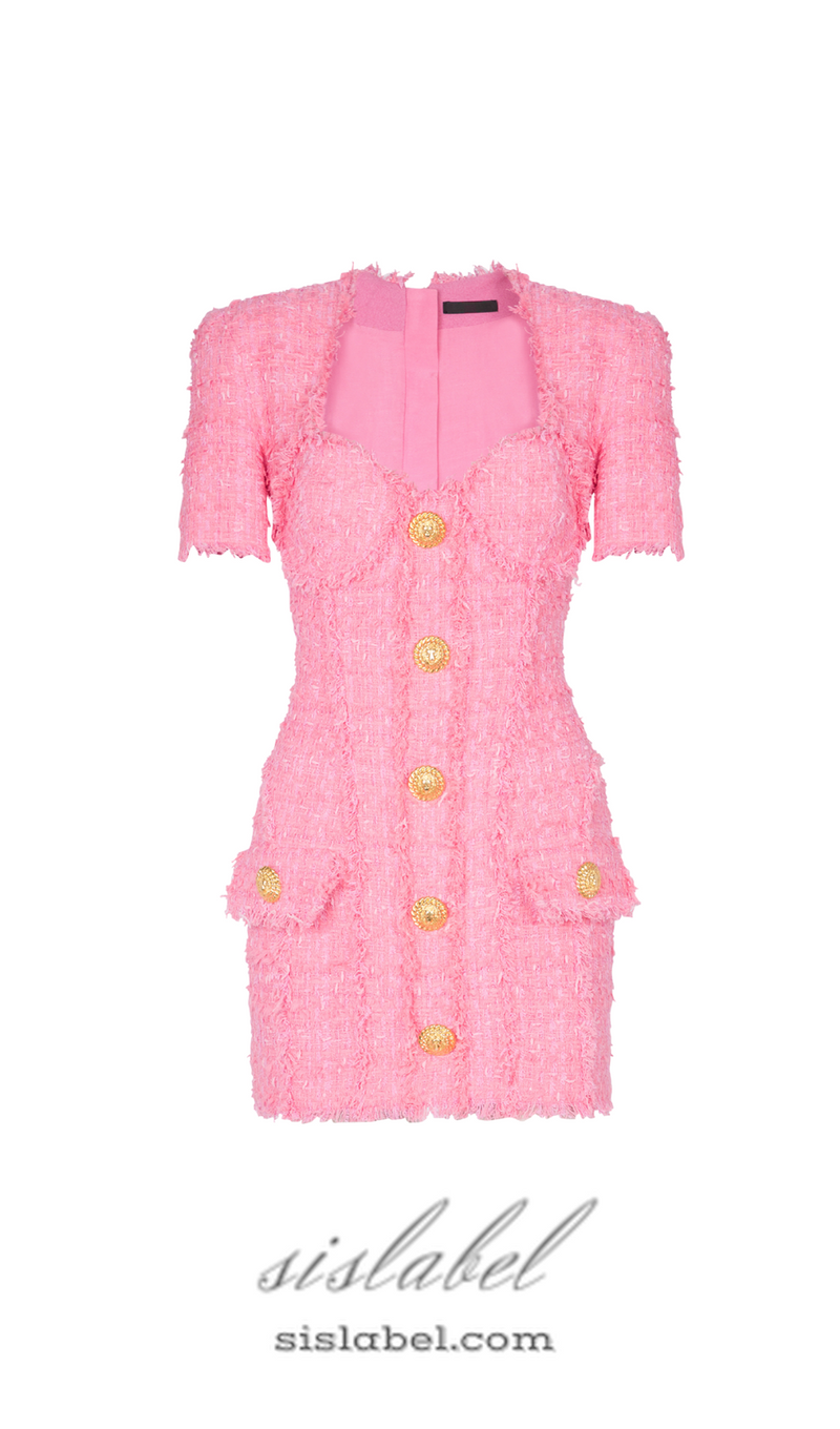 SELENA PINK TWEED MINI DRESS WITH 7-BUTTONS