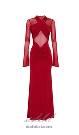 Slinky Mesh Long Sleeve Maxi Dress in Ruby