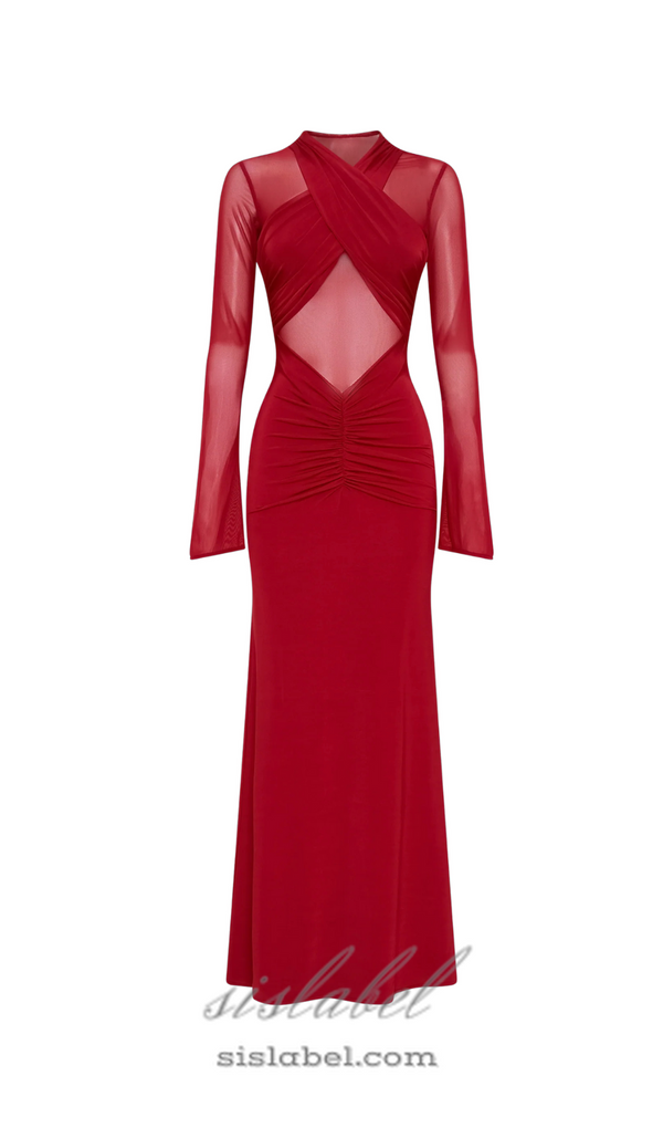 Slinky Mesh Long Sleeve Maxi Dress in Ruby