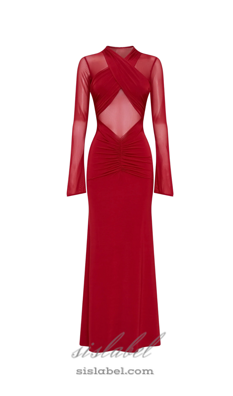 Slinky Mesh Long Sleeve Maxi Dress in Ruby