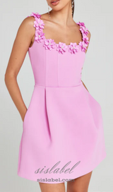 3D FLOWER NECK MINI DRESS IN PINK