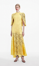 Ursula yellow cape-design chantilly-lace maxi dress