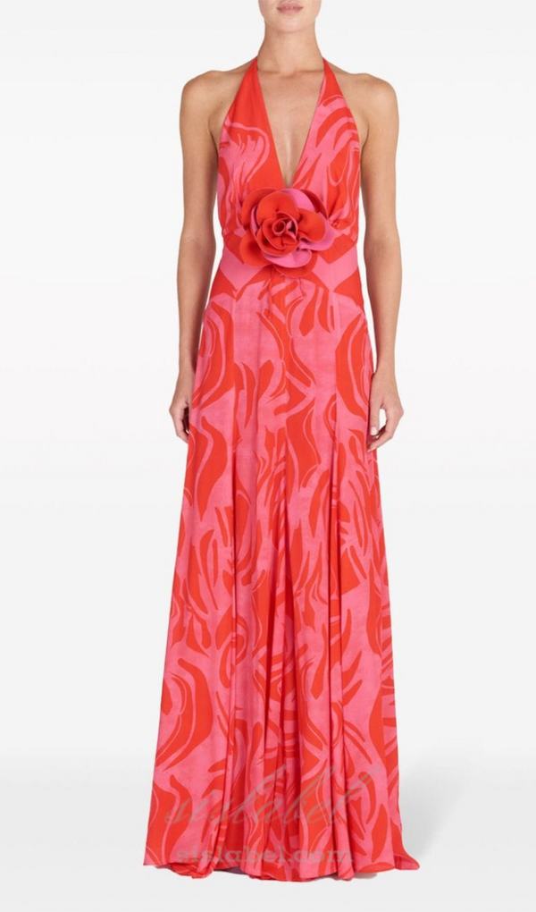 ALISON FLOWER DETAIL HALTERNECK MAXI DRESS IN BRIGHT RED