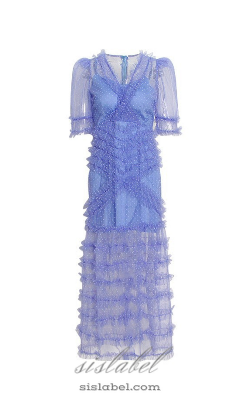 v-neckline tiered mesh gown in blue