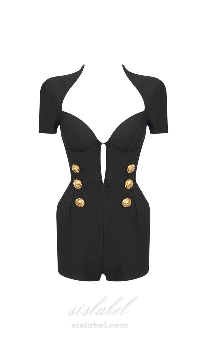 BLANCHE V NECK BANDAGE BUTTONED PLAYSUITS IN BLACK