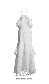 LYNN GARDENIA GUIPURE LACE RUFFLE GOWN IN WHITE