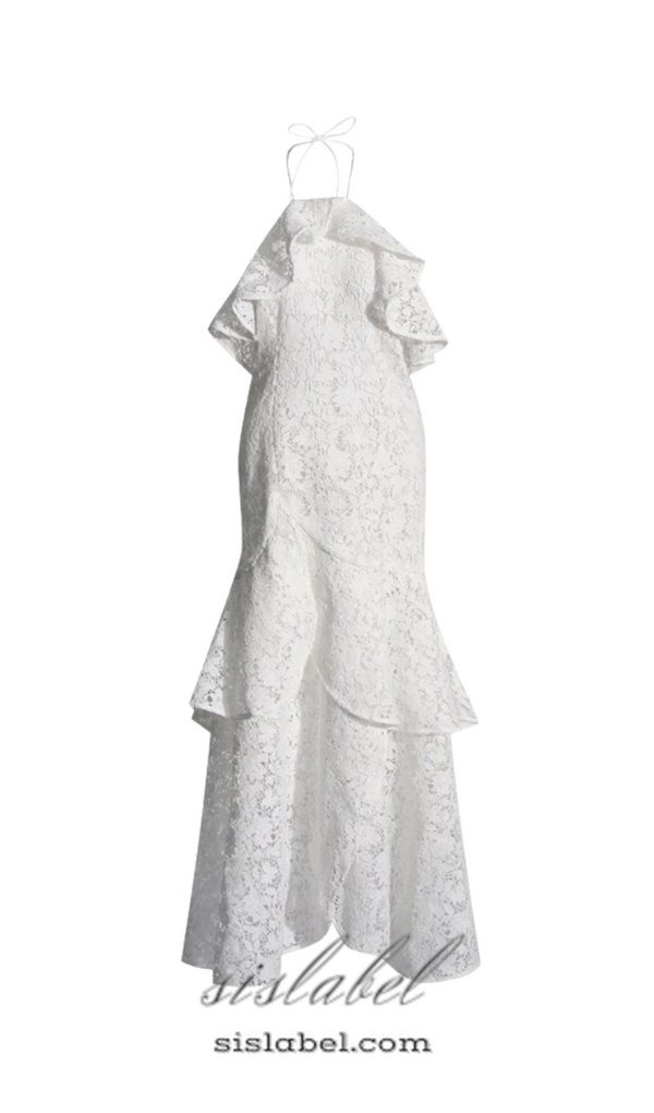 LYNN GARDENIA GUIPURE LACE RUFFLE GOWN IN WHITE