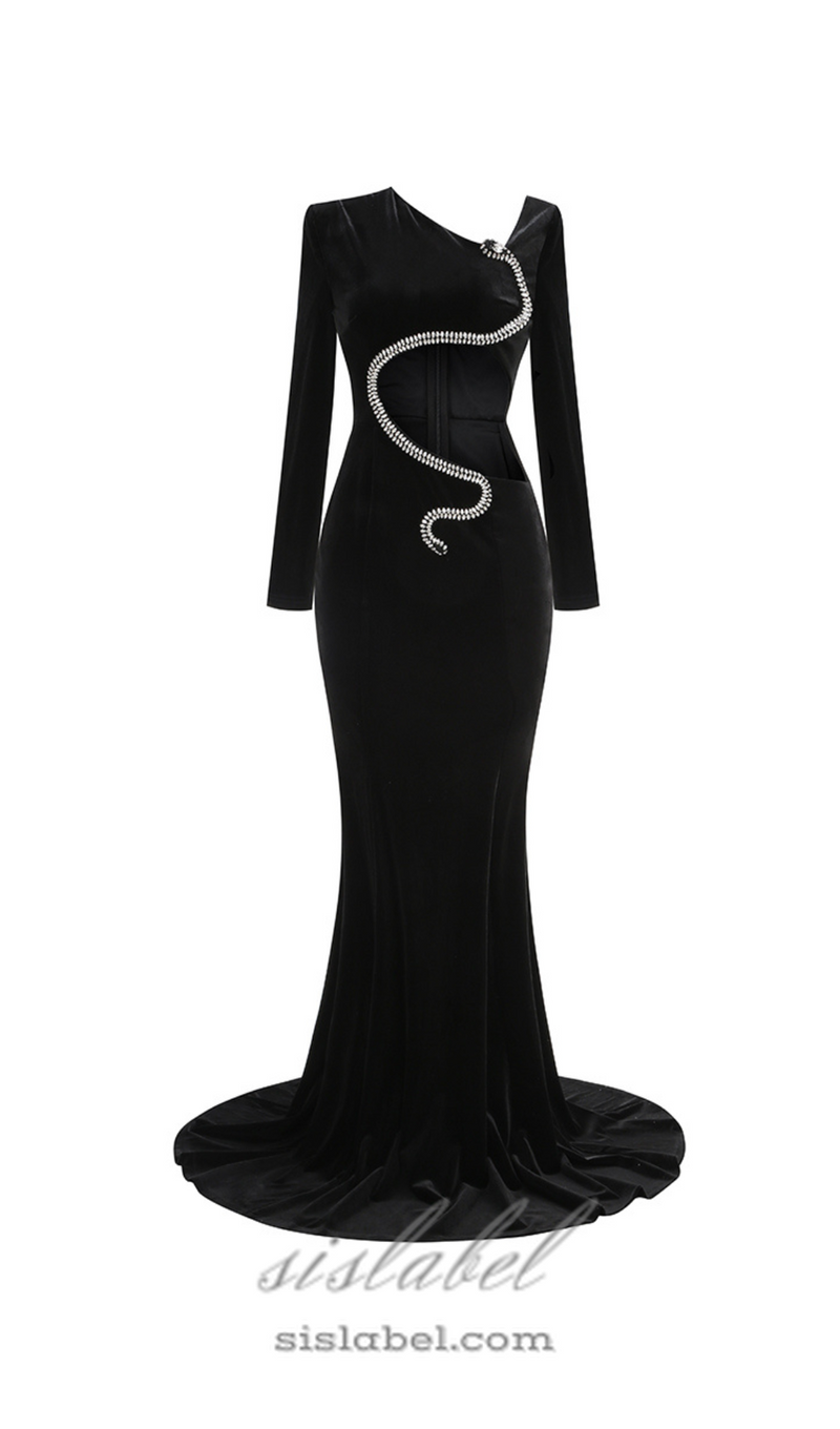 Rhinestone Embellished Floor-Length Dress in black