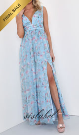 Garden Romance Light Blue Floral Print Organza Maxi Dress