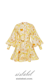 MONICA LANTERN SLEEVE FLORAL PRINT YELLOW MINI DRESS